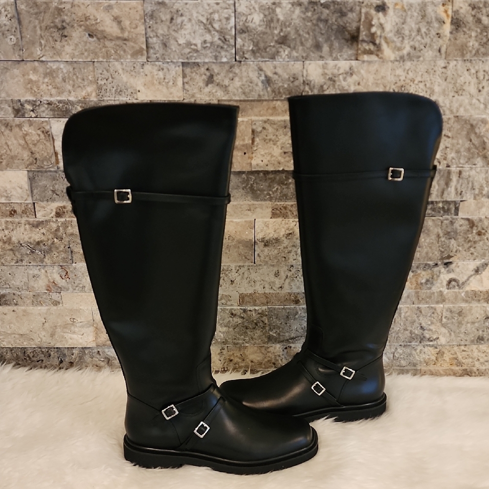 Sarto By Franco Sarto Ainsley Black Knee-High Riding Boots with Buckle Accents
